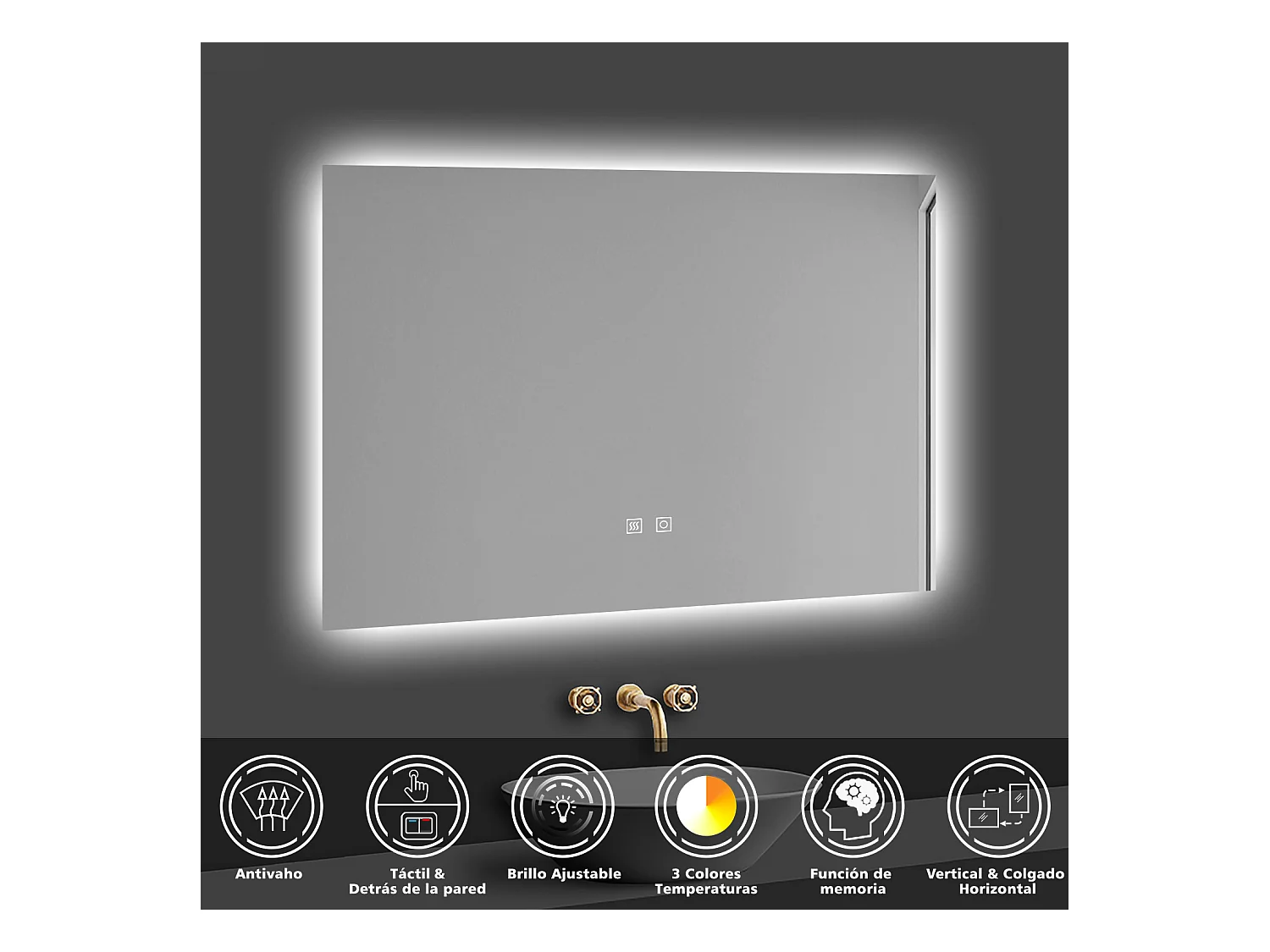 Aica Espejo de baño LED 80×60cm, antivaho, temperatura de tres colores regulable, función memoria