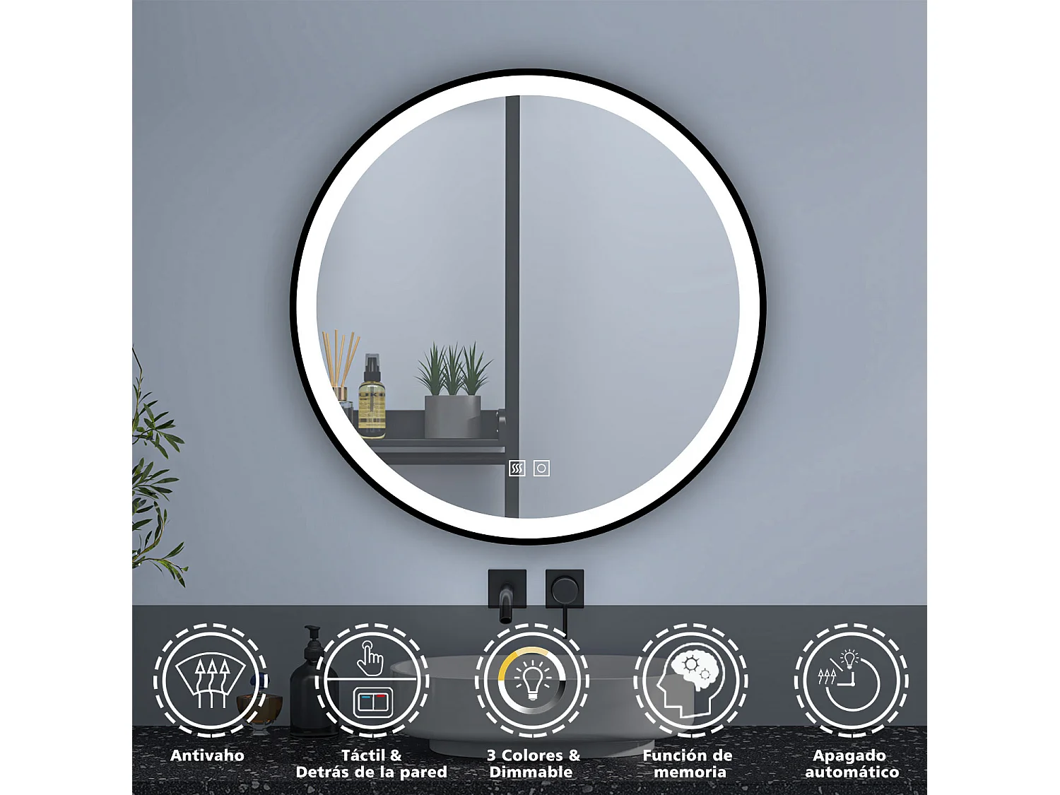Aica Espejo de baño redondo LED 80cm con marco, antivaho, luminosidad regulable