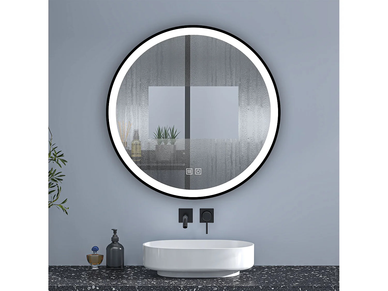 Aica Espejo de baño redondo LED 80cm con marco, antivaho, luminosidad regulable