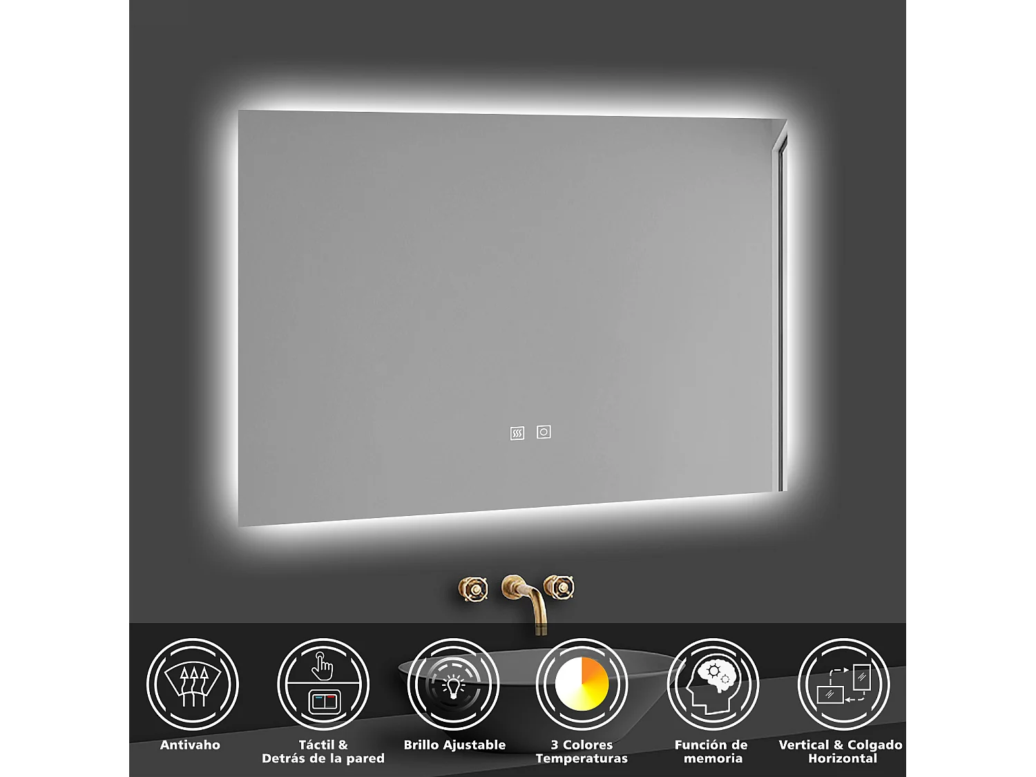 Aica Espejo de baño LED 90×70cm, antivaho, temperatura de tres colores regulable, función memoria