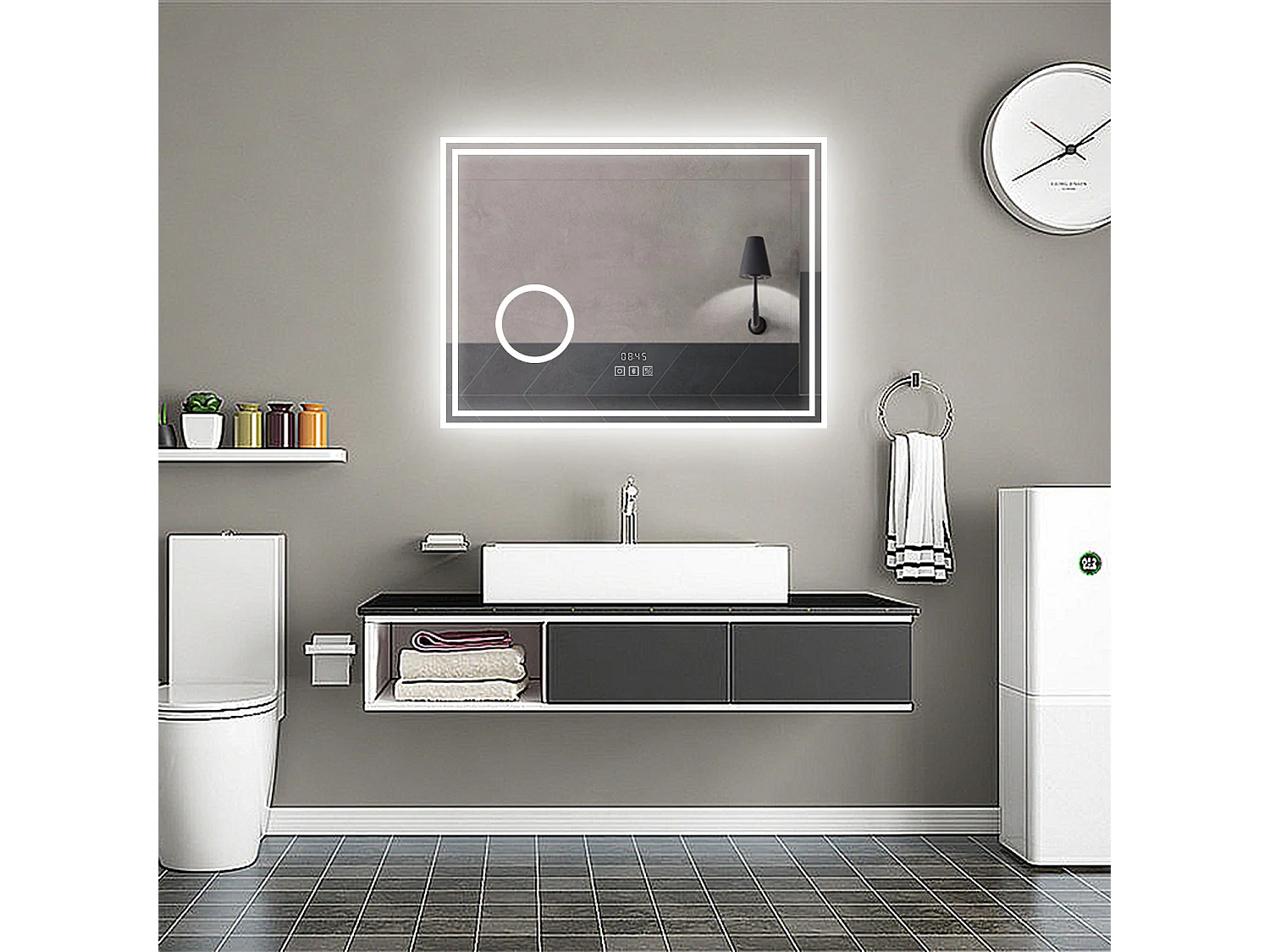 Aica Espejo de baño LED 80×60 cm,Reloj,Lupa,Bluetooth