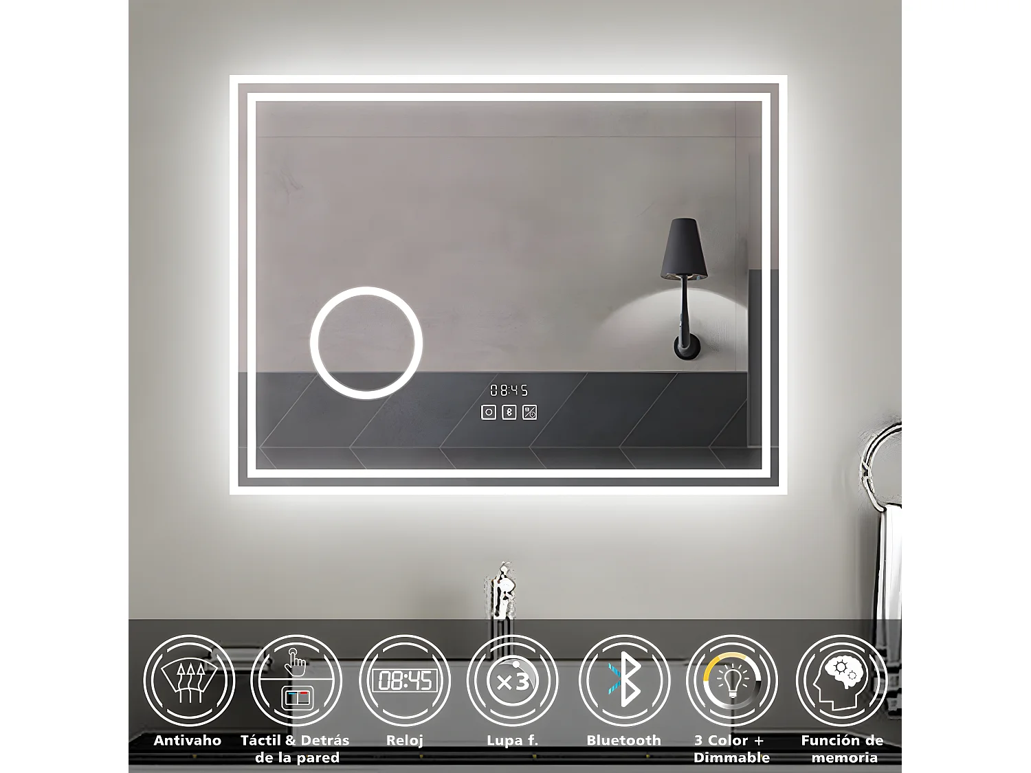Aica Espejo de baño LED 80×60 cm,Reloj,Lupa,Bluetooth