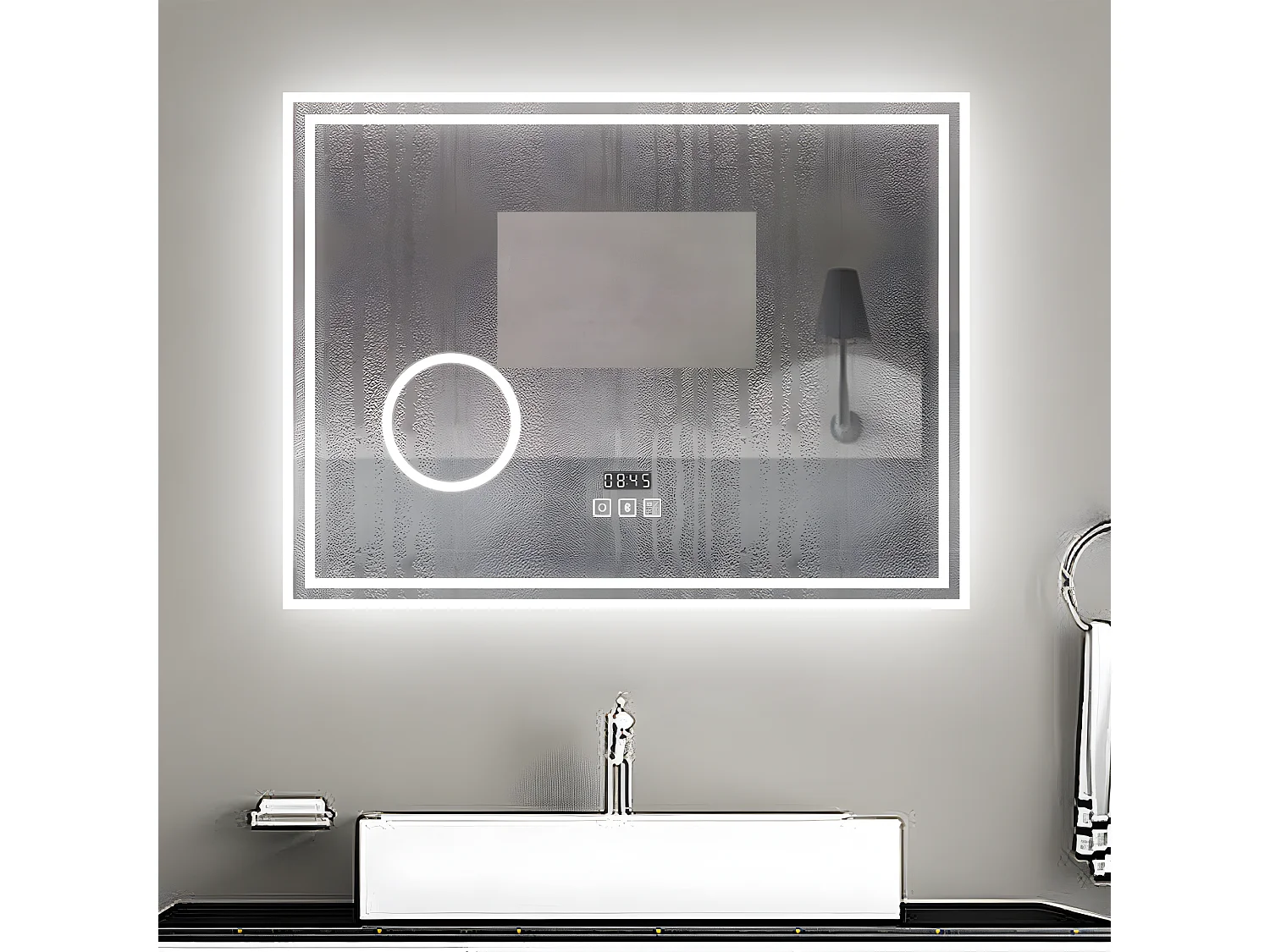 Aica Espejo de baño LED 80×60 cm,Reloj,Lupa,Bluetooth