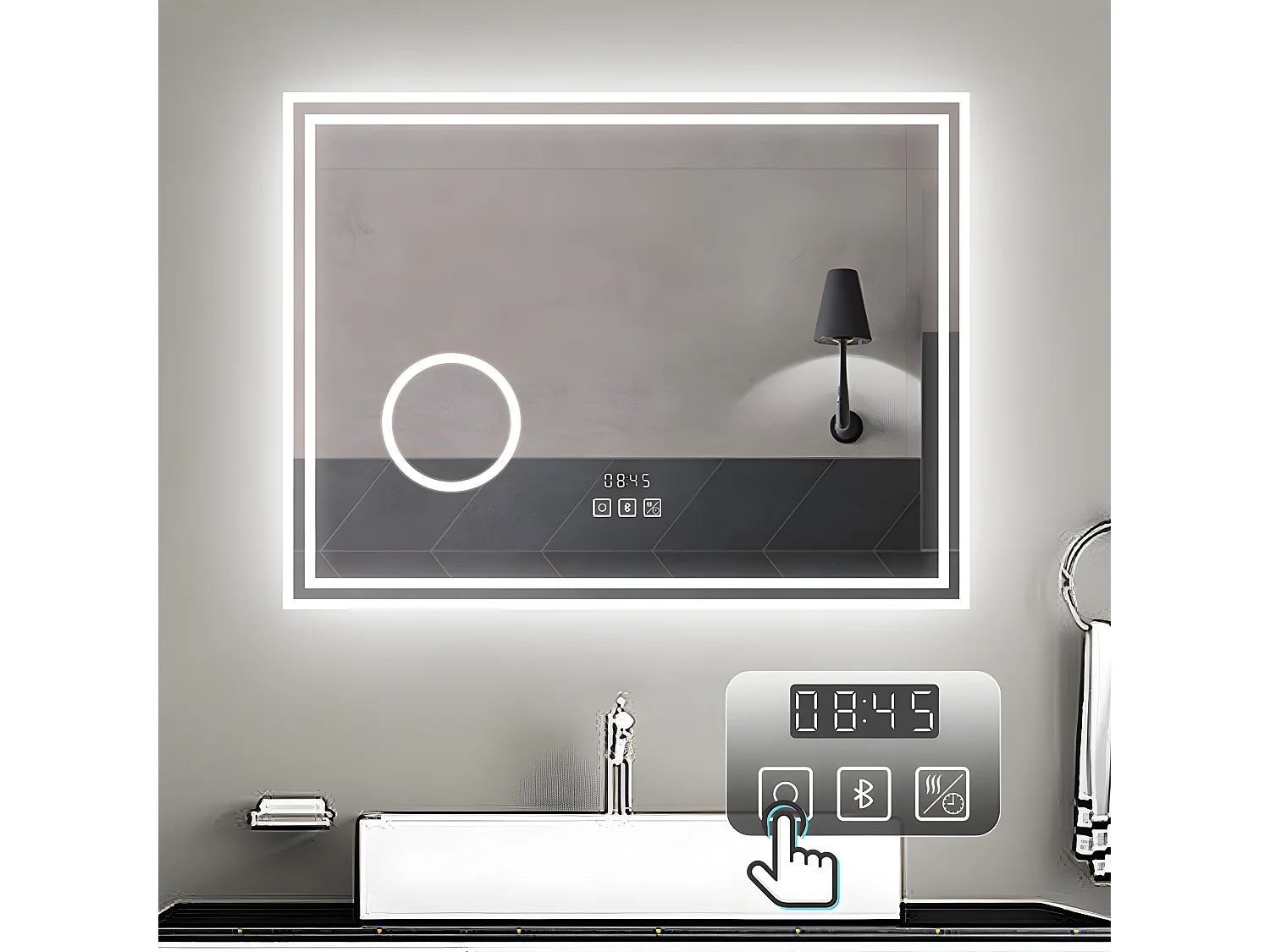 Aica Espejo de baño LED 80×60 cm,Reloj,Lupa,Bluetooth