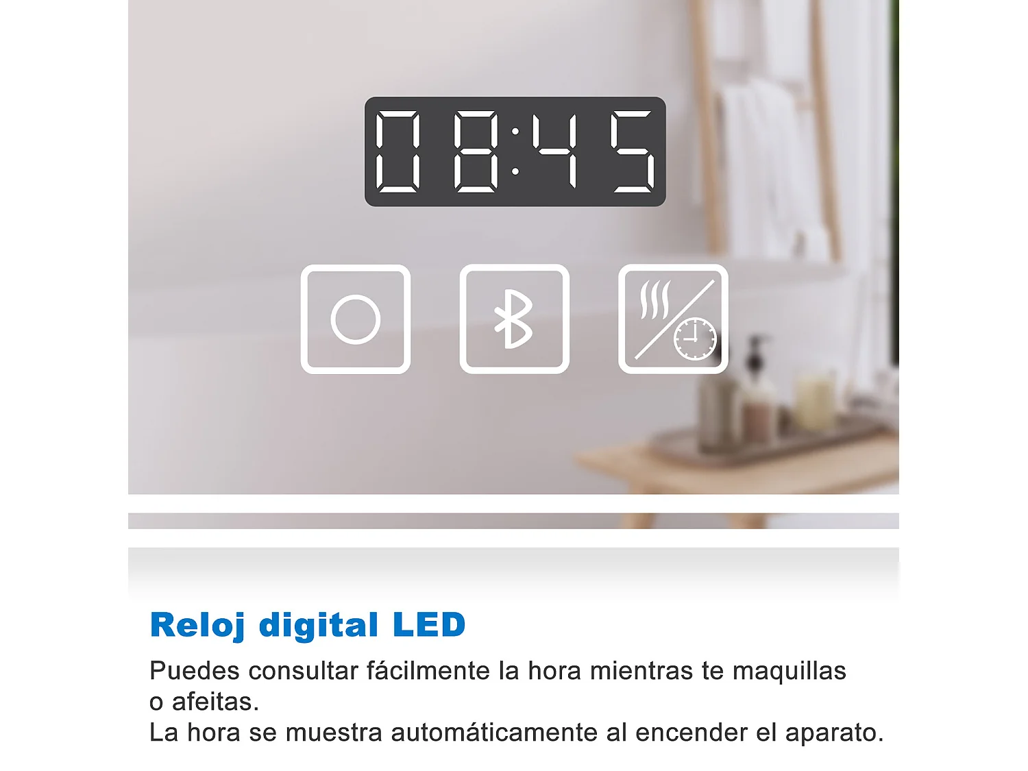Aica Espejo de baño LED 80×60 cm,Reloj,Lupa,Bluetooth