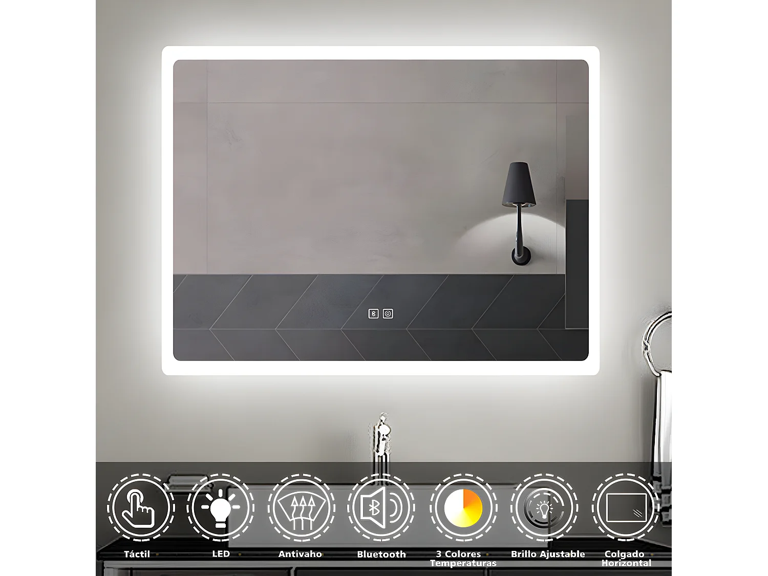 Aica Espejo de baño LED 80×60cm,Bluetooth ,antivaho