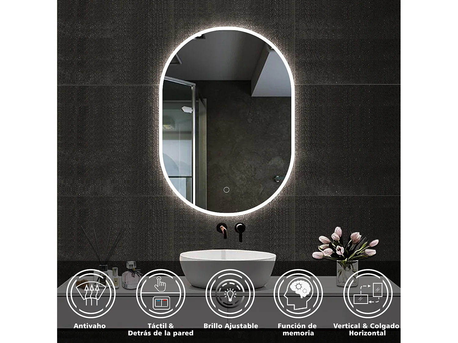 Aica Espejo de baño LED 40 x 80 cm, ovalado, antivaho, luminosidad regulable