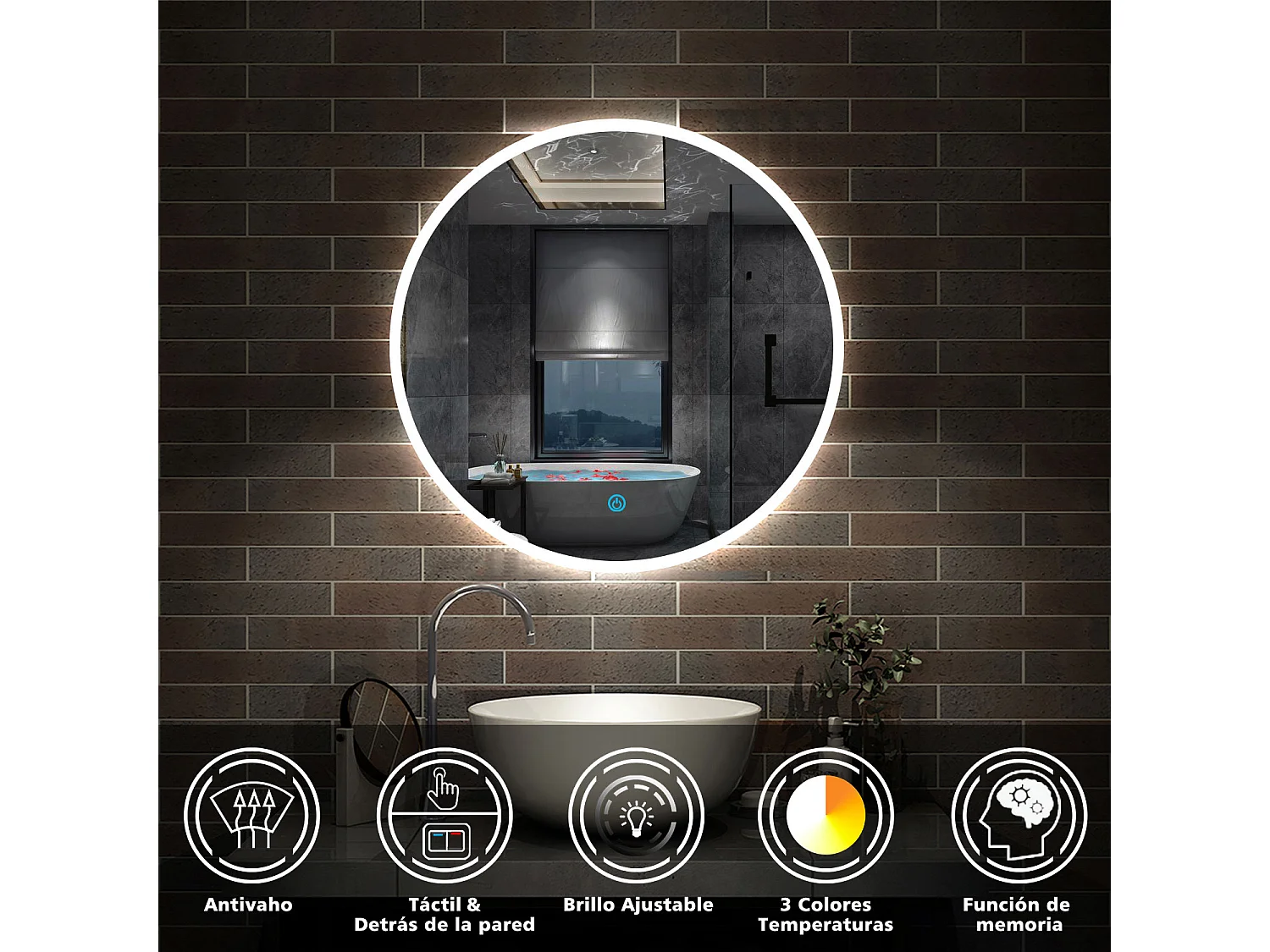 Aica Espejo redondo de baño LED 80cm,antivaho,brillo ajustable