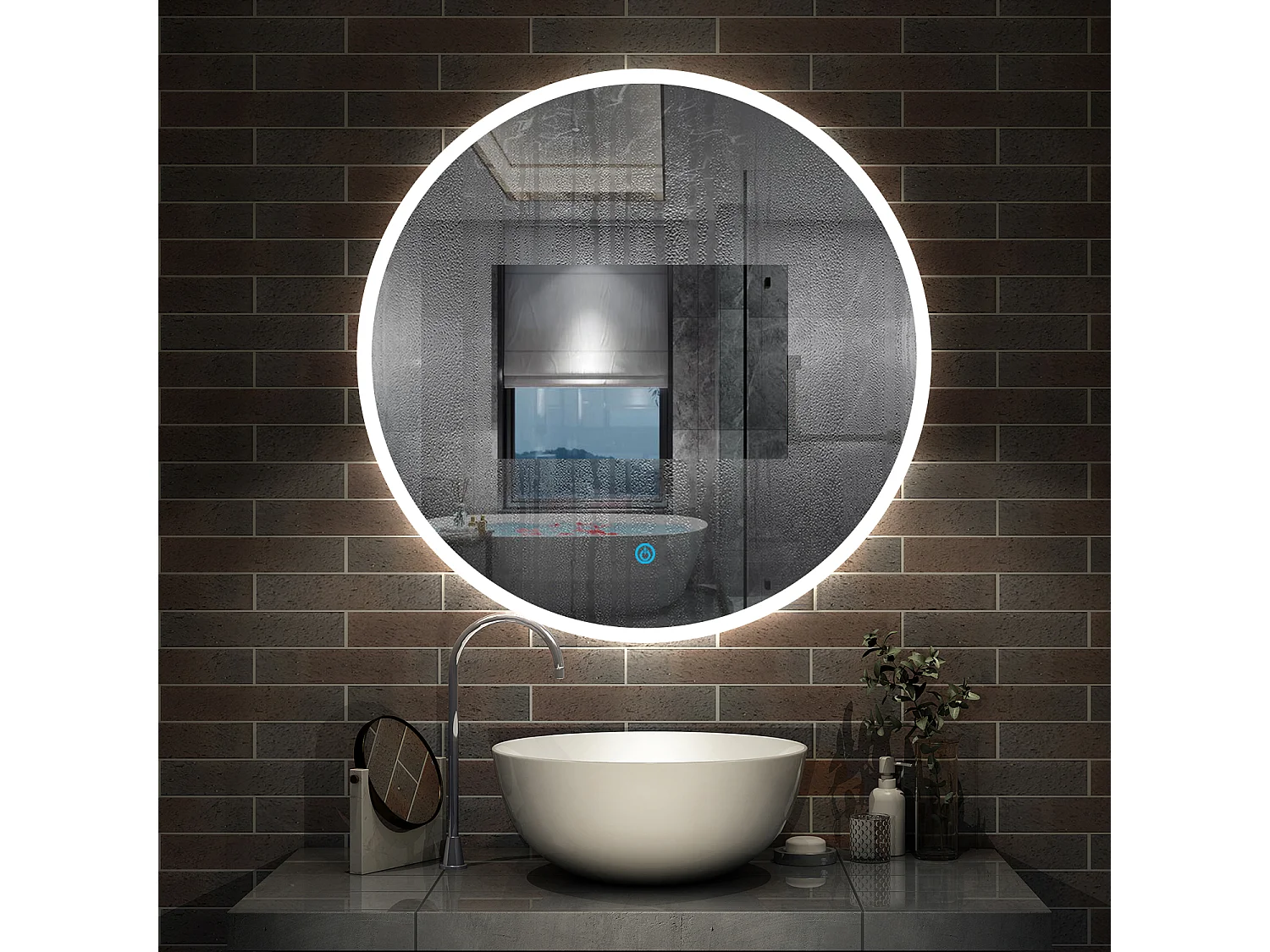Aica Espejo redondo de baño LED 80cm,antivaho,brillo ajustable