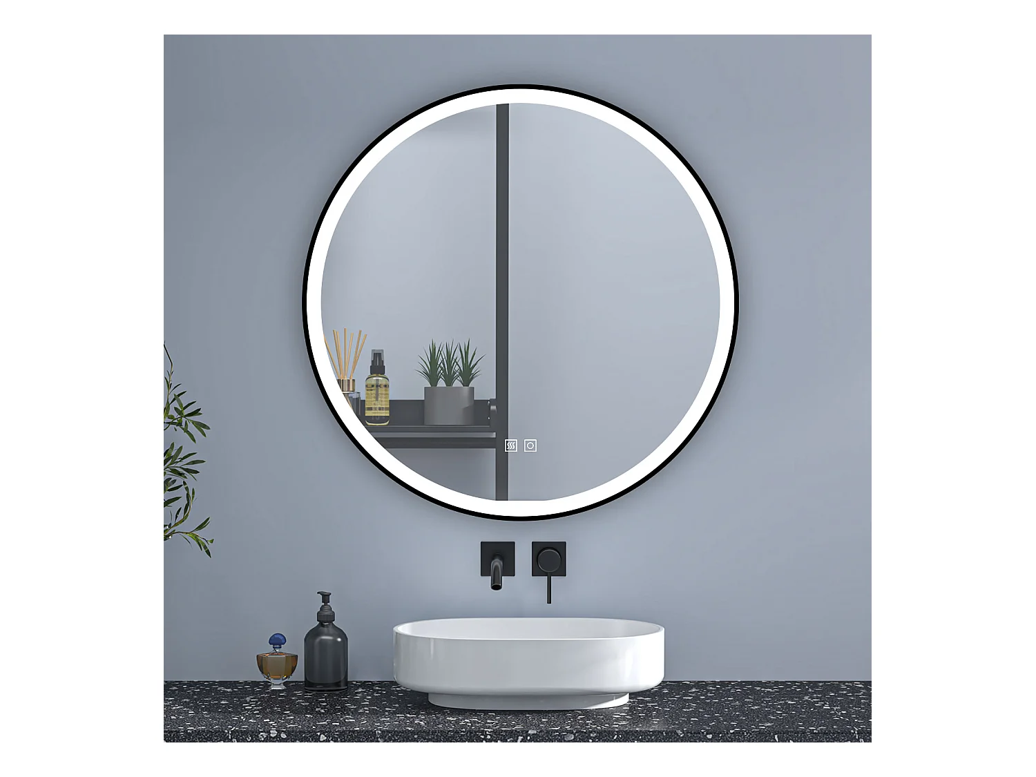 Aica Espejo de baño redondo LED 60cm con marco, antivaho, luminosidad regulable