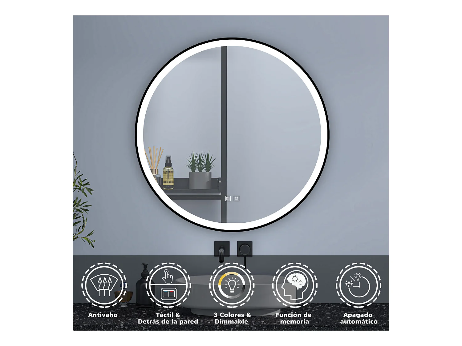 Aica Espejo de baño redondo LED 60cm con marco, antivaho, luminosidad regulable
