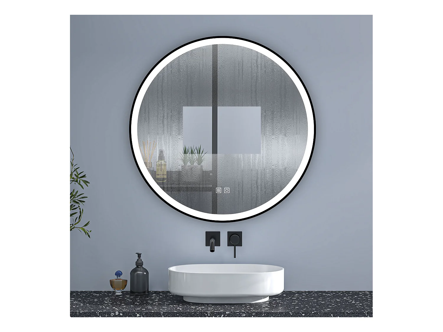 Aica Espejo de baño redondo LED 60cm con marco, antivaho, luminosidad regulable