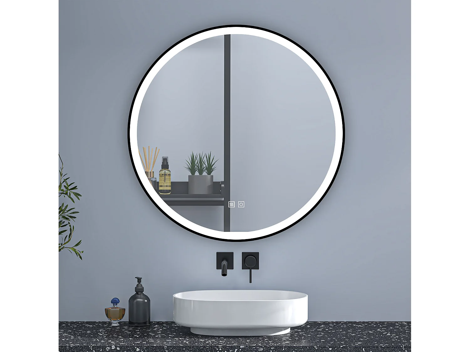 Aica Espejo de baño redondo LED 60cm con marco, antivaho, luminosidad regulable