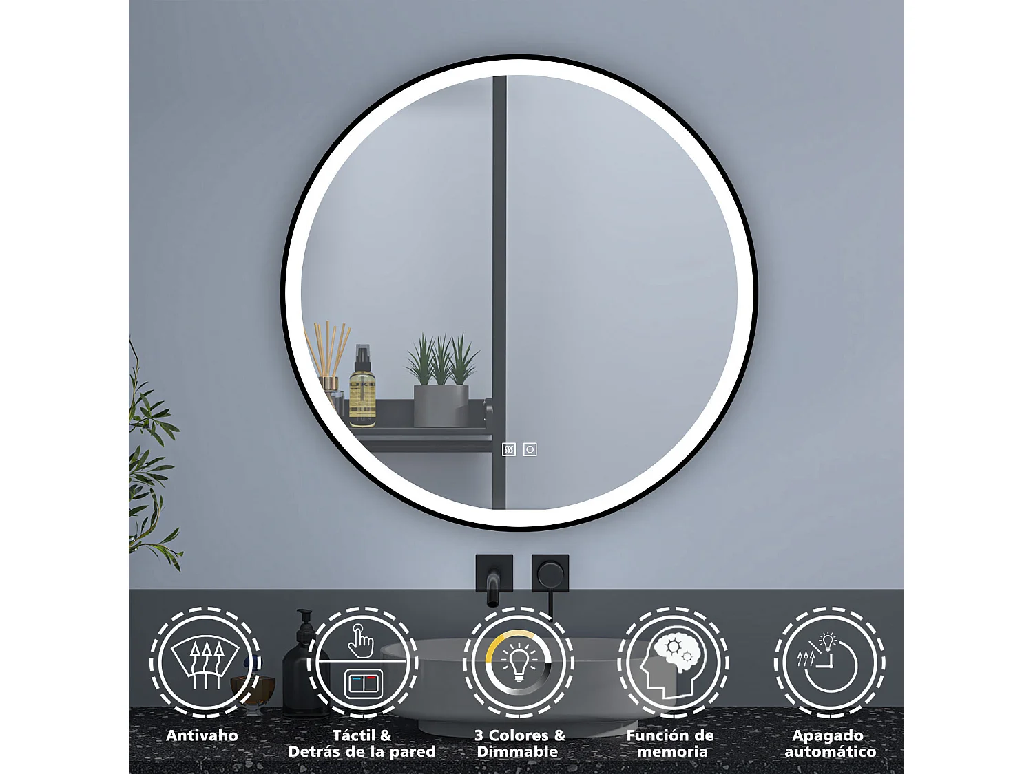 Aica Espejo de baño redondo LED 60cm con marco, antivaho, luminosidad regulable
