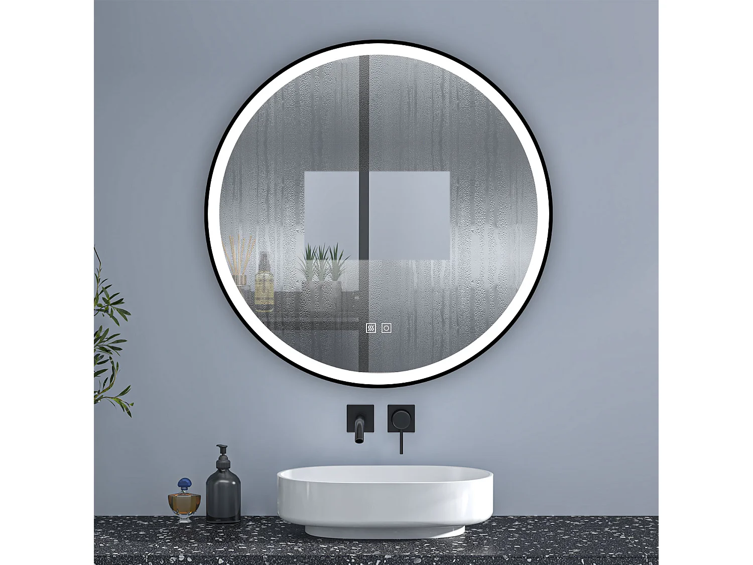 Aica Espejo de baño redondo LED 60cm con marco, antivaho, luminosidad regulable