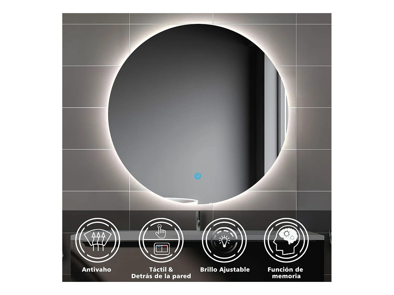 Aica Espejo de baño redondo LED 60×60cm, antivaho, brillo regulable, función memoria
