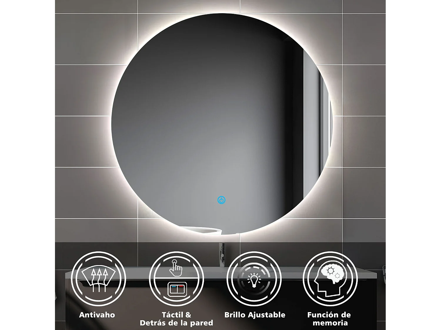 Aica Espejo de baño redondo LED 60×60cm, antivaho, brillo regulable, función memoria