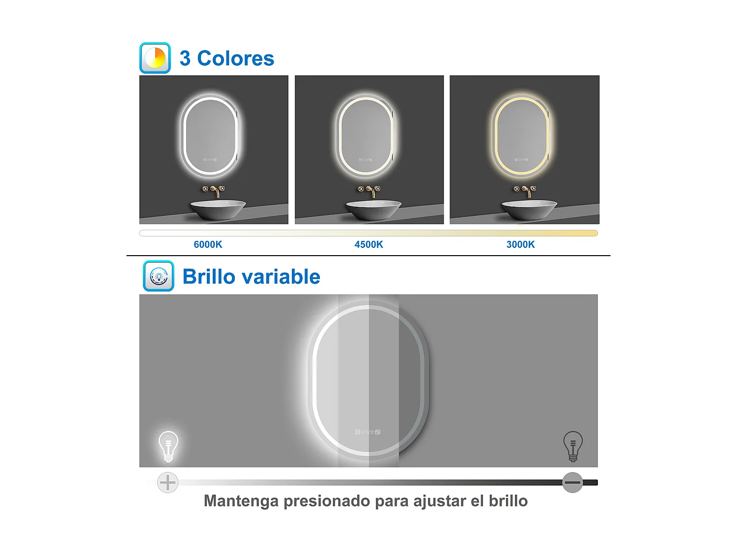 Aica Espejo de baño LED 50×70cm,reloj,antivaho,luminosidad regulable,ovalado