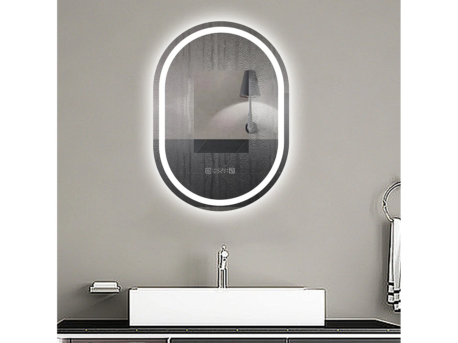 Aica Espejo de baño LED 50×70cm,reloj,antivaho,luminosidad regulable,ovalado