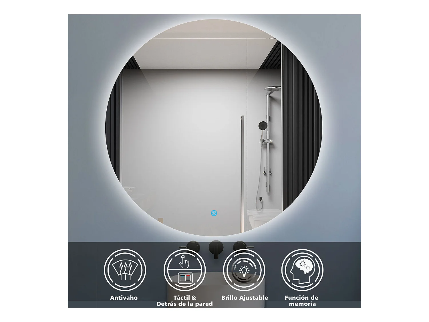 Aica Espejo de baño redondo LED 100×100cm, antivaho, brillo regulable, función memoria