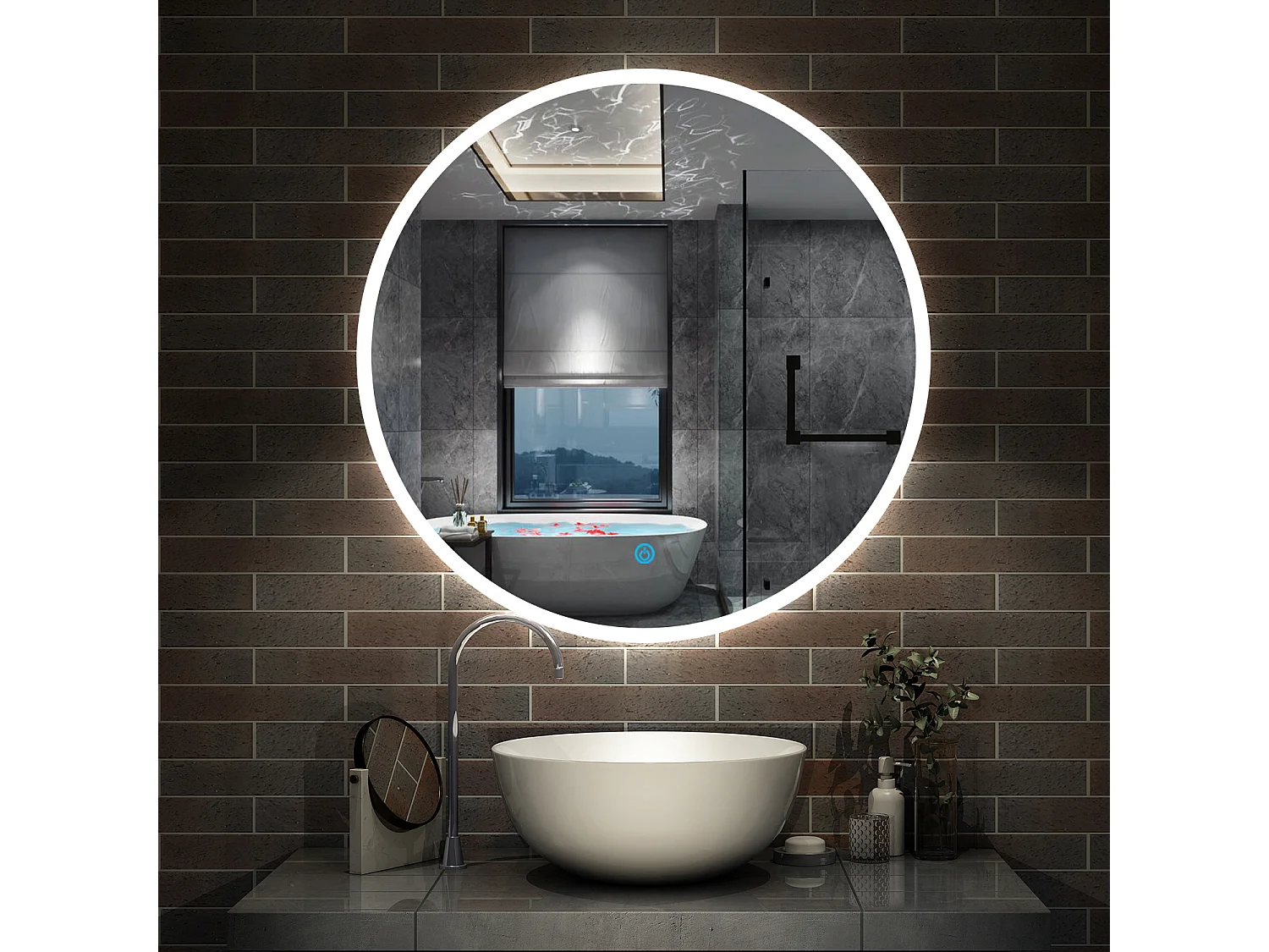 Aica Espejo redondo de baño LED 60cm,antivaho,brillo ajustable