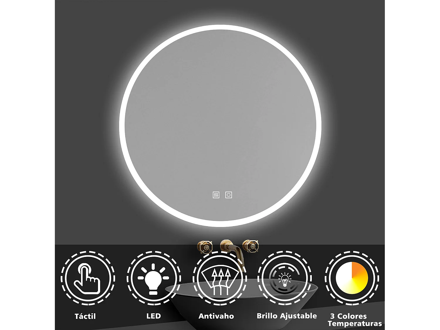 Aica Espejo redondo de baño LED 60cm,antivaho,brillo ajustable