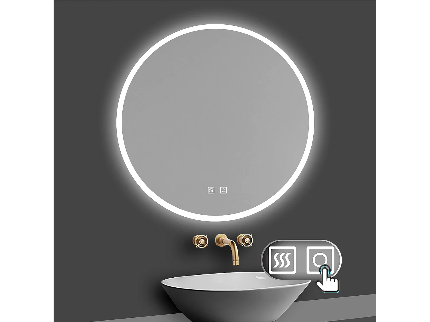 Aica Espejo redondo de baño LED 60cm,antivaho,brillo ajustable
