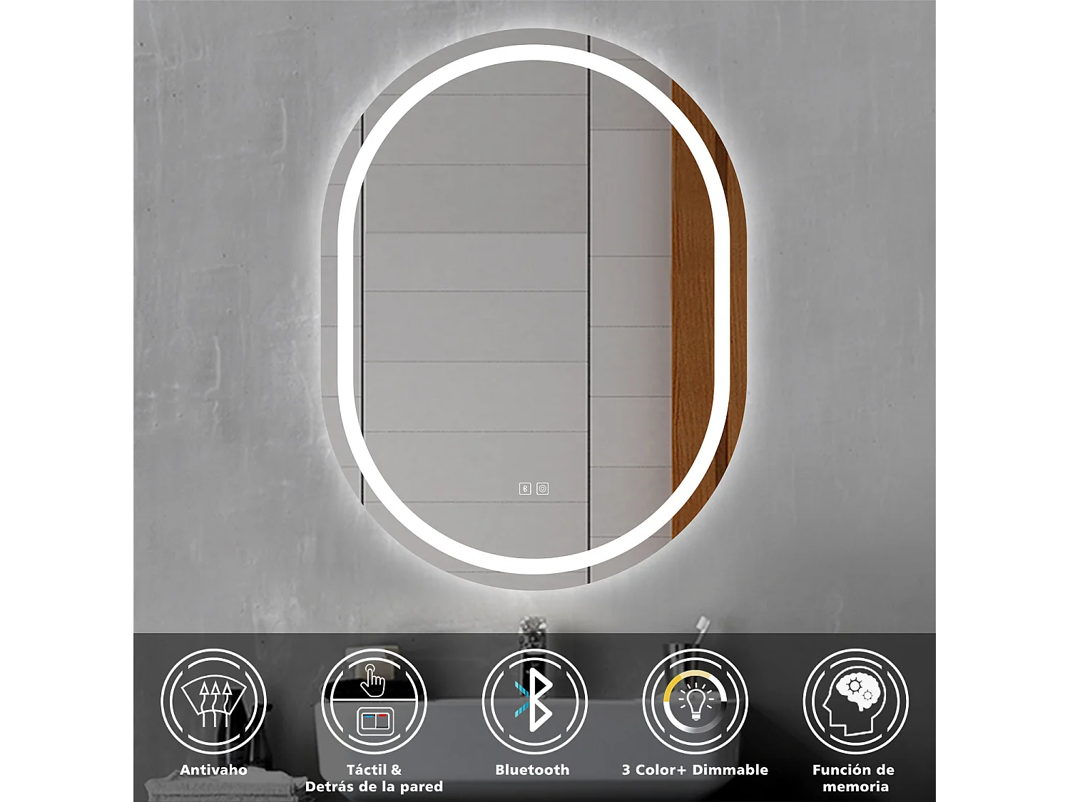 Aica Espejo de baño LED 50×70cm, Bluetooth, antivaho, brillo ajustable