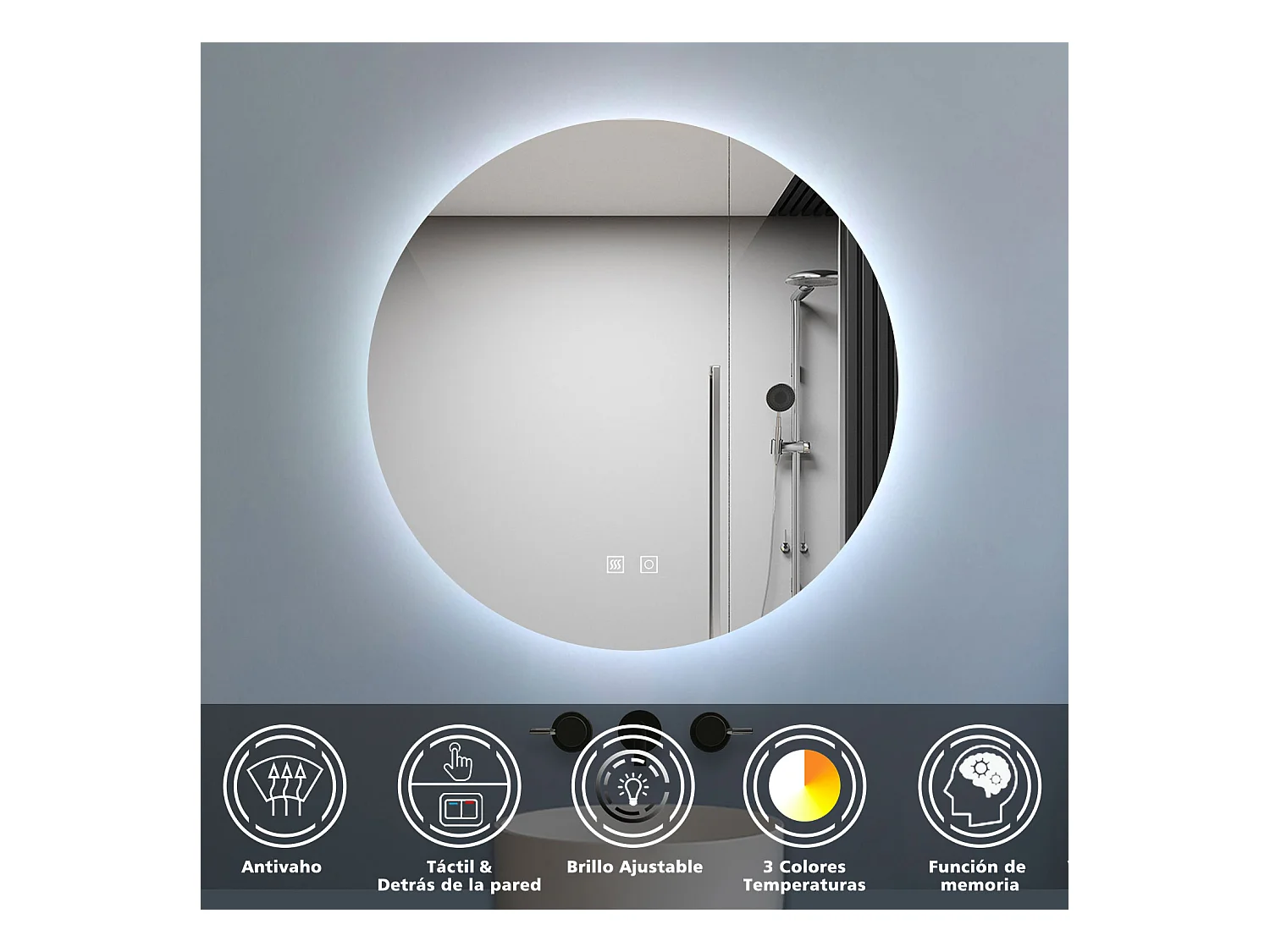 Aica Espejo de baño redondo LED 60×60cm, antivaho, luz tricolor regulable, función memoria