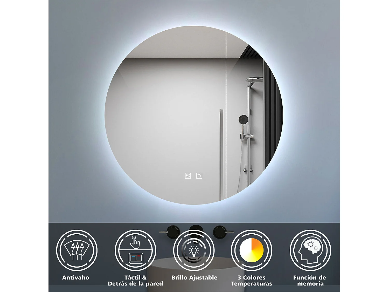 Aica Espejo de baño redondo LED 60×60cm, antivaho, luz tricolor regulable, función memoria