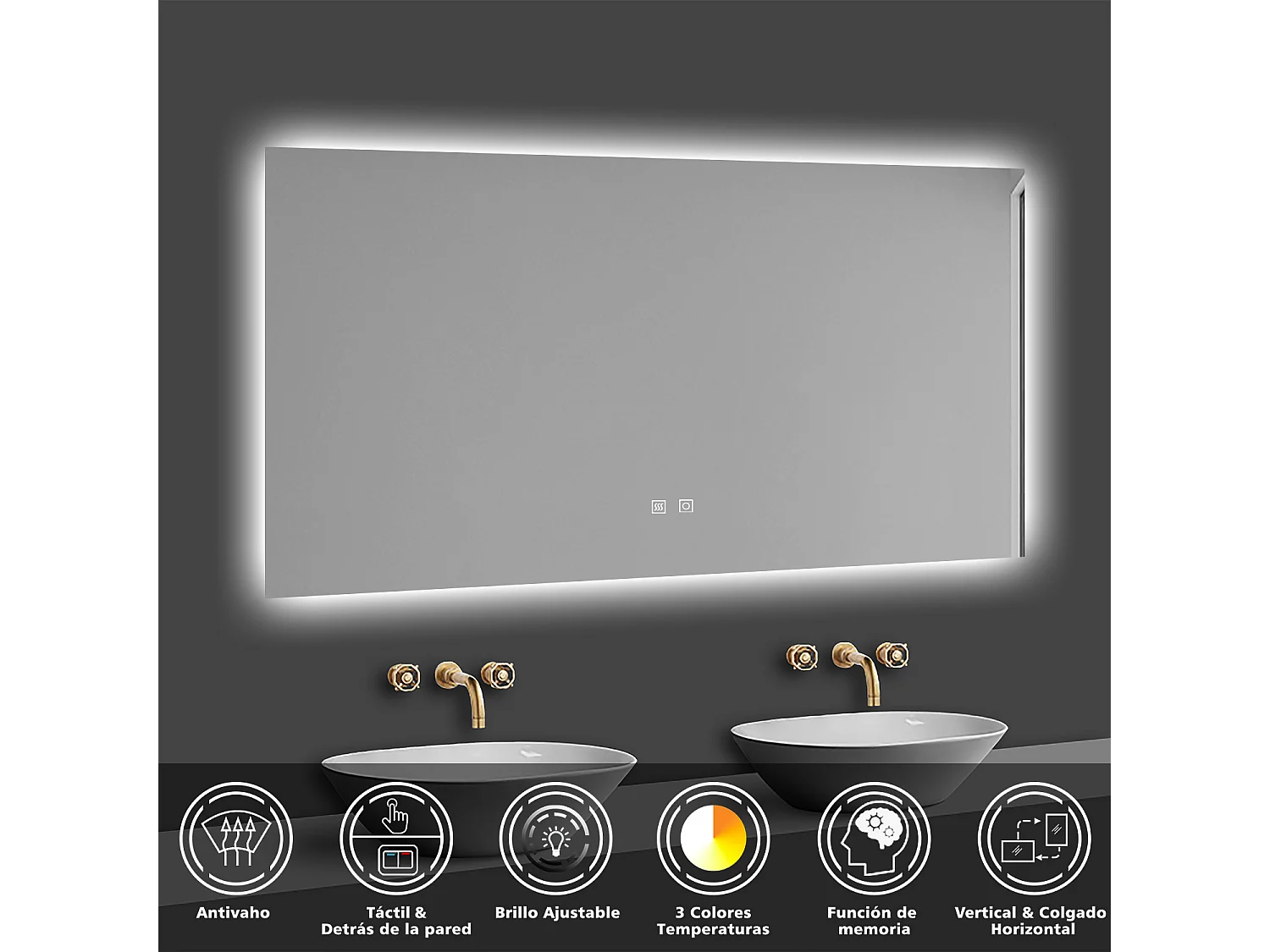 Aica Espejo de baño LED 100×60cm, antivaho, temperatura de tres colores regulable, función memoria