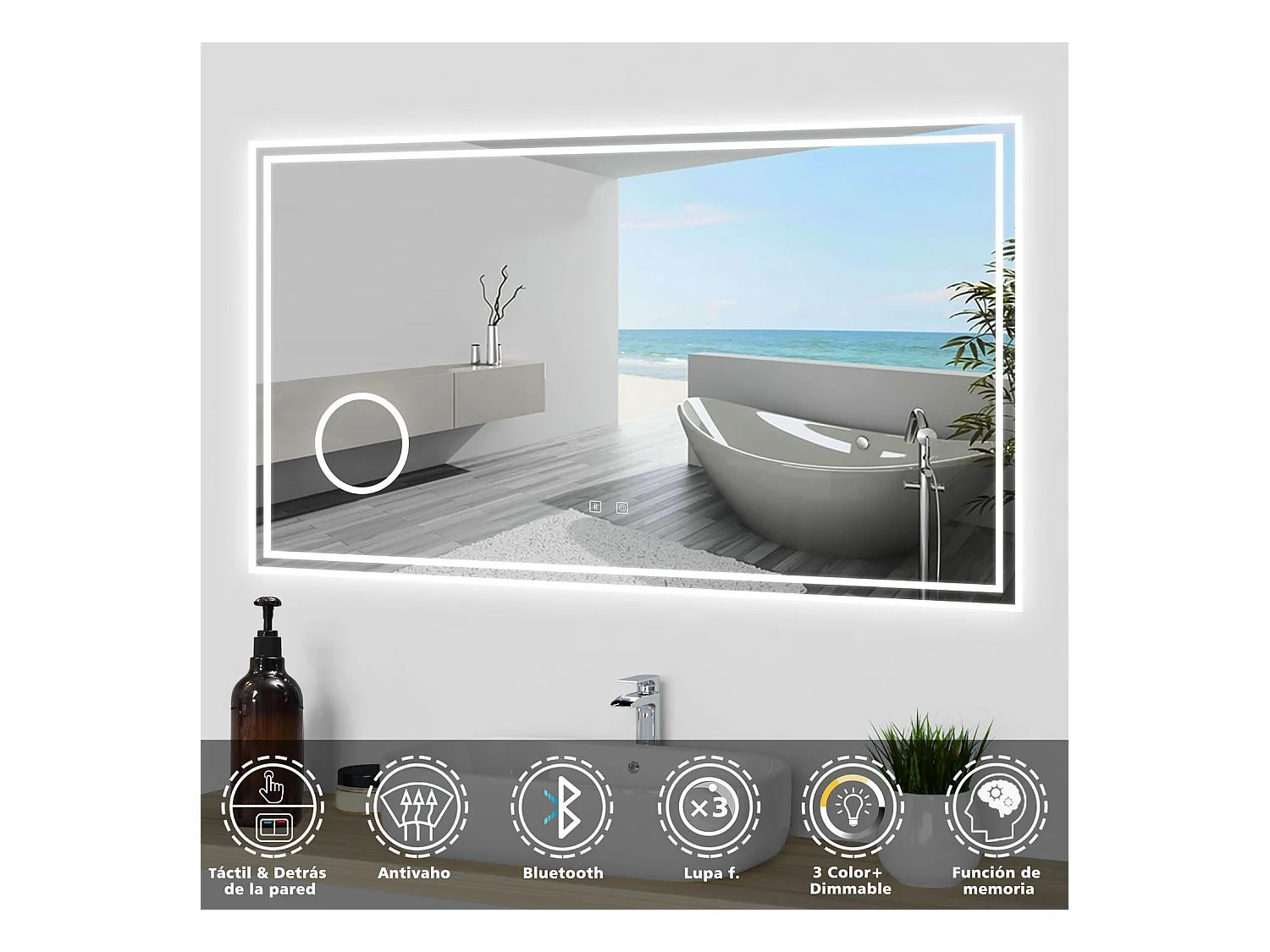 Aica Espejo de baño LED 120×70cm,Bluetooth,3×lupa