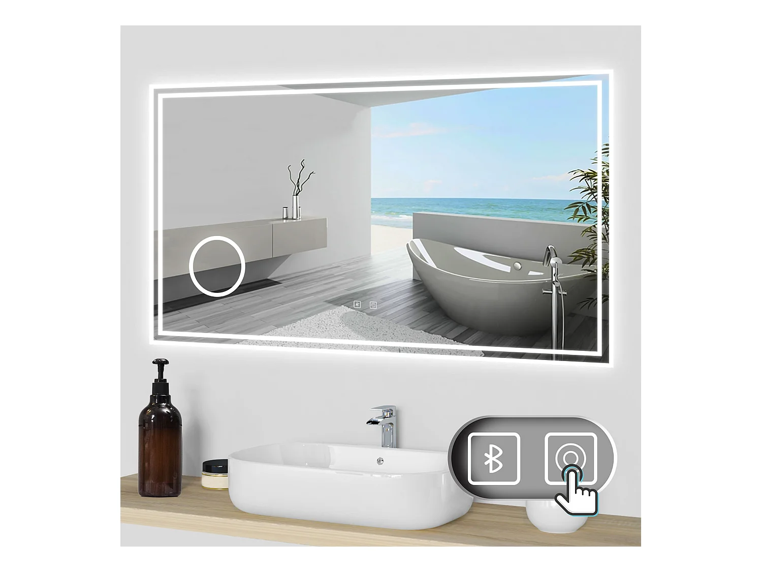 Aica Espejo de baño LED 120×70cm,Bluetooth,3×lupa