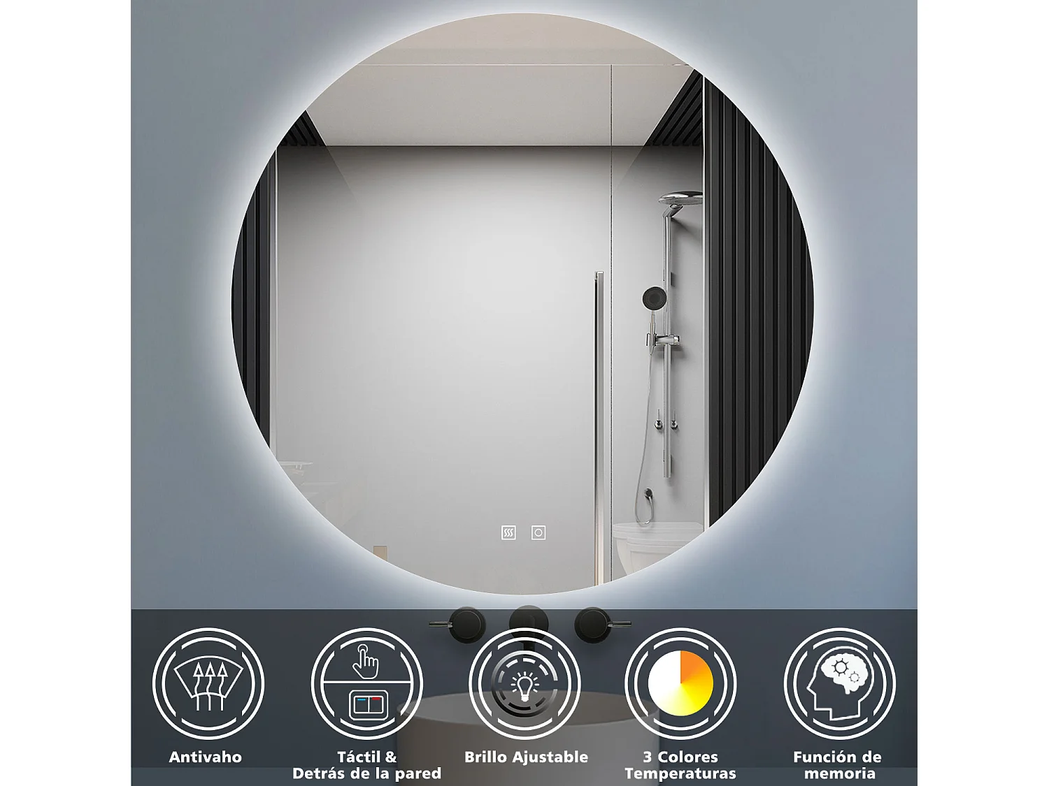 Aica Espejo de baño redondo LED 90×90cm, antivaho, luz tricolor regulable, función memoria