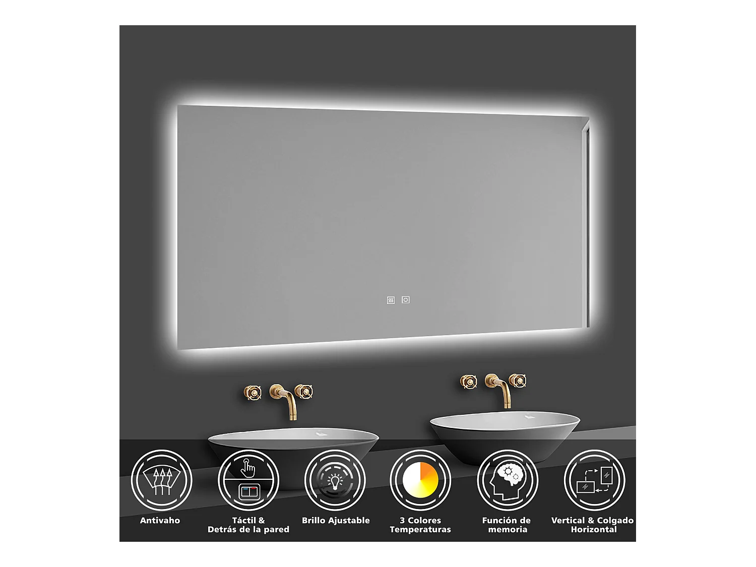 Aica Espejo de baño LED 120×70cm, antivaho, temperatura de tres colores regulable, función memoria