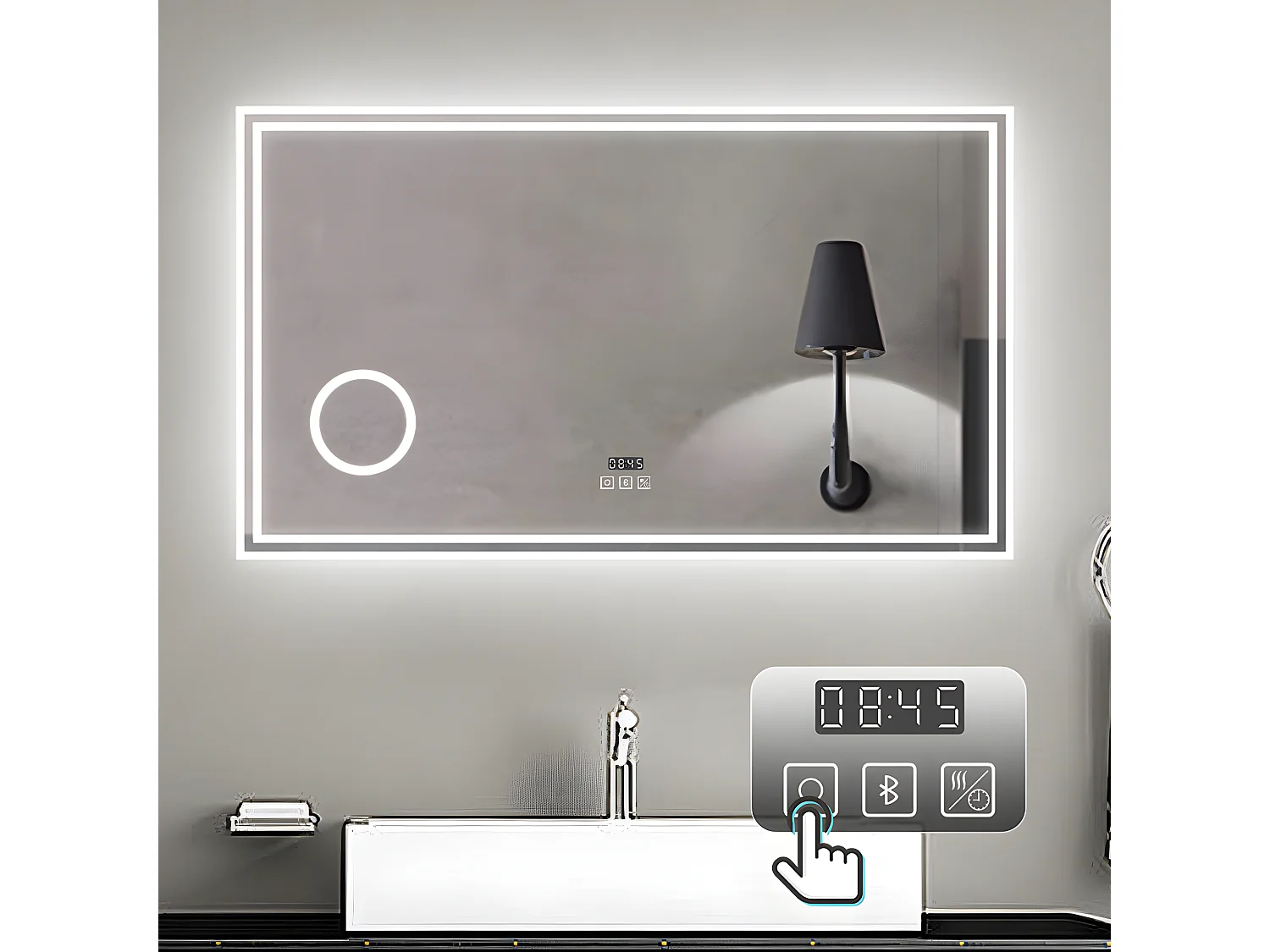 Aica Espejo de baño LED 120×70 cm,Reloj,Lupa,Bluetooth