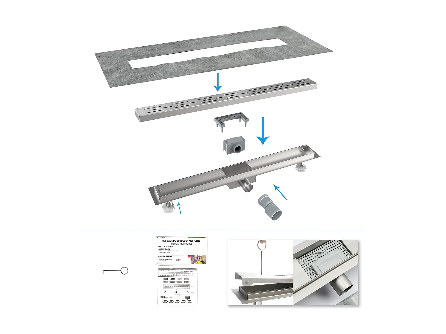 Desagüe de ducha Rejilla acero inoxidable para baño con sifón antiolores Plata 60cm