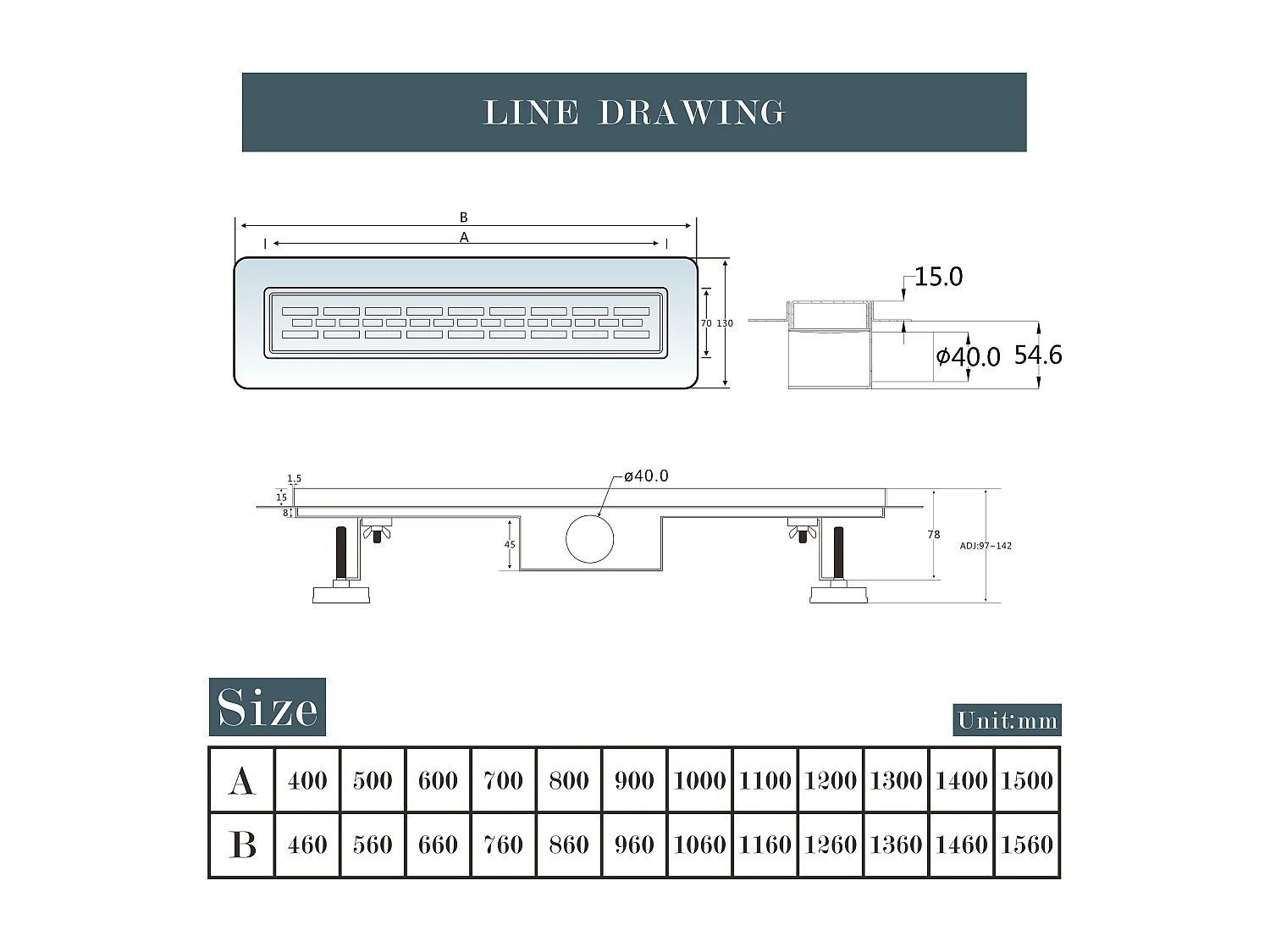 Desagüe de ducha Rejilla acero inoxidable para baño con sifón antiolores Plata 60cm