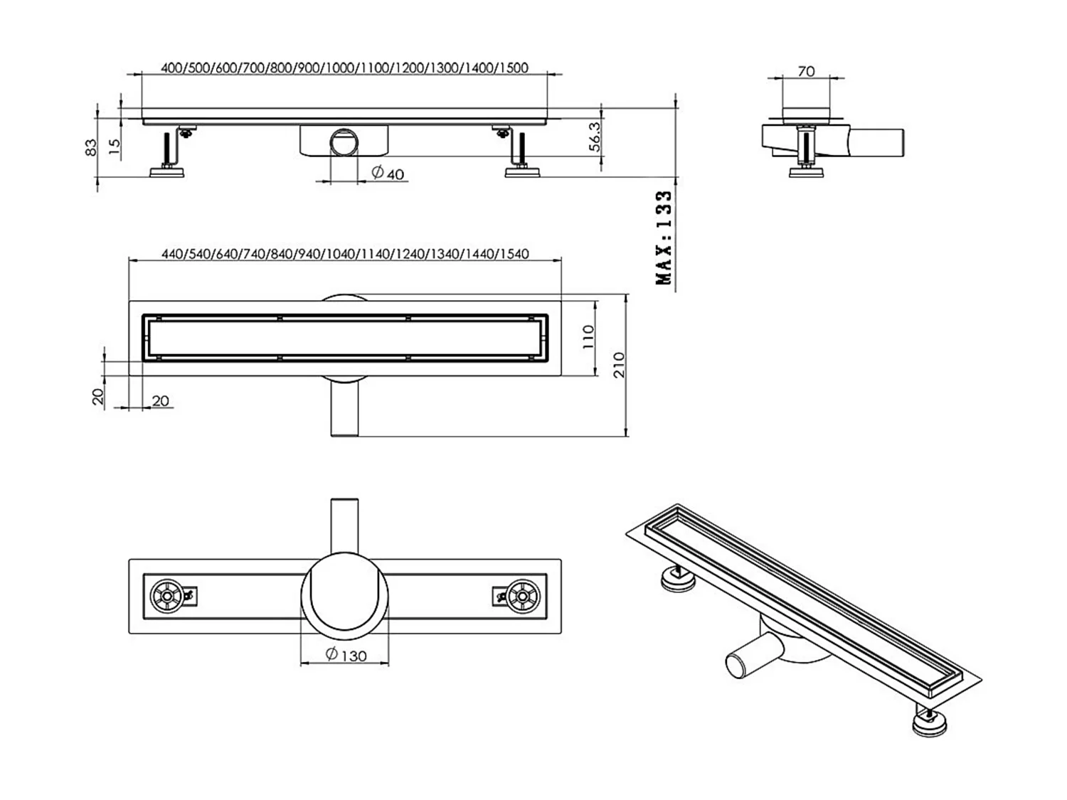 AICA Canaleta de ducha Plata 80cm, Sifón de Doble Cara con Colador y Filtro de Pelo, Canal de Drenaje Desagüe
