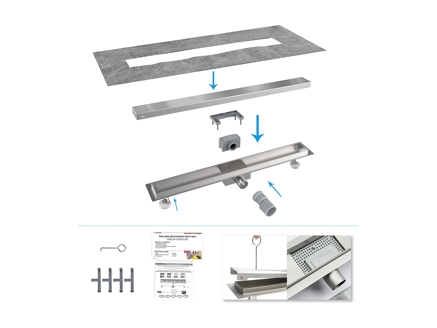 AICA Canaleta de Ducha de Acero Inoxidable 60 cm, Drenaje Rápido, Desagüe Lineal con Antiolores y Filtro de Pelo Baño