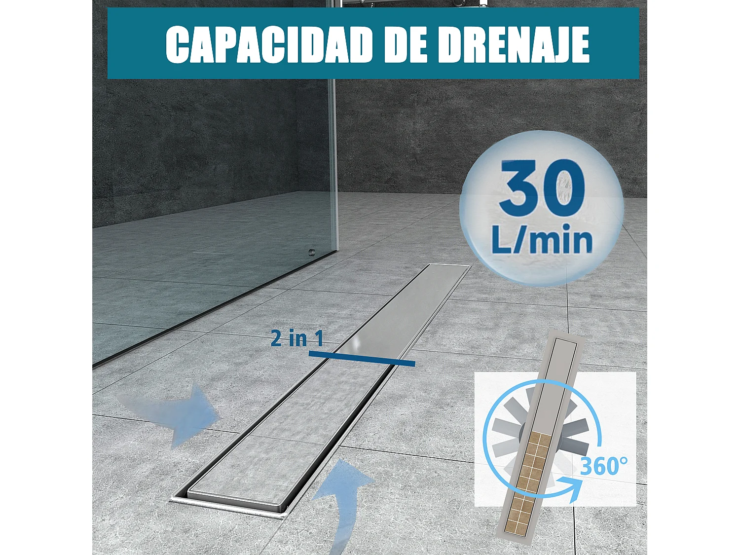 AICA Canaleta de ducha Plata 70cm, Sifón de Doble Cara con Colador y Filtro de Pelo, Canal de Drenaje Desagüe