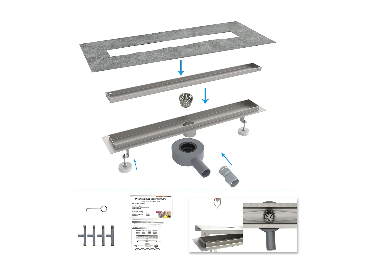 Canaleta de ducha 60cm 2 en 1 enlosable sifón 360°Desagüe de drenaje para baño Plata