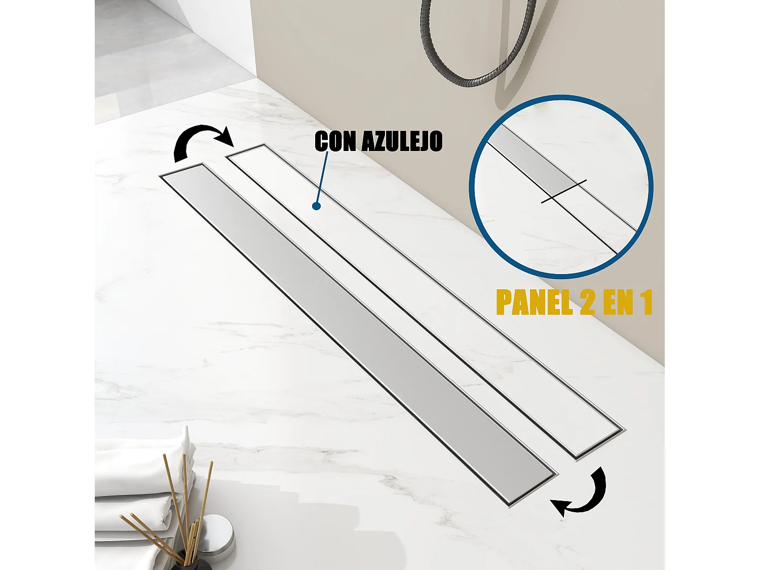 AICA Desagüe lineal de ducha de acero inoxidable 60cm plano con Rejilla y panel largo invisible