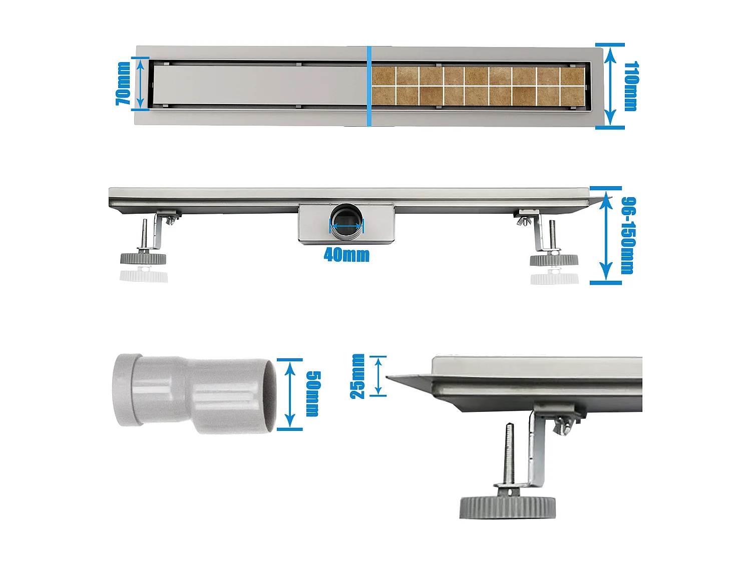 AICA Canaleta de Ducha de Acero Inoxidable 80 cm, Drenaje Rápido, Desagüe Lineal con Antiolores y Filtro de Pelo Baño