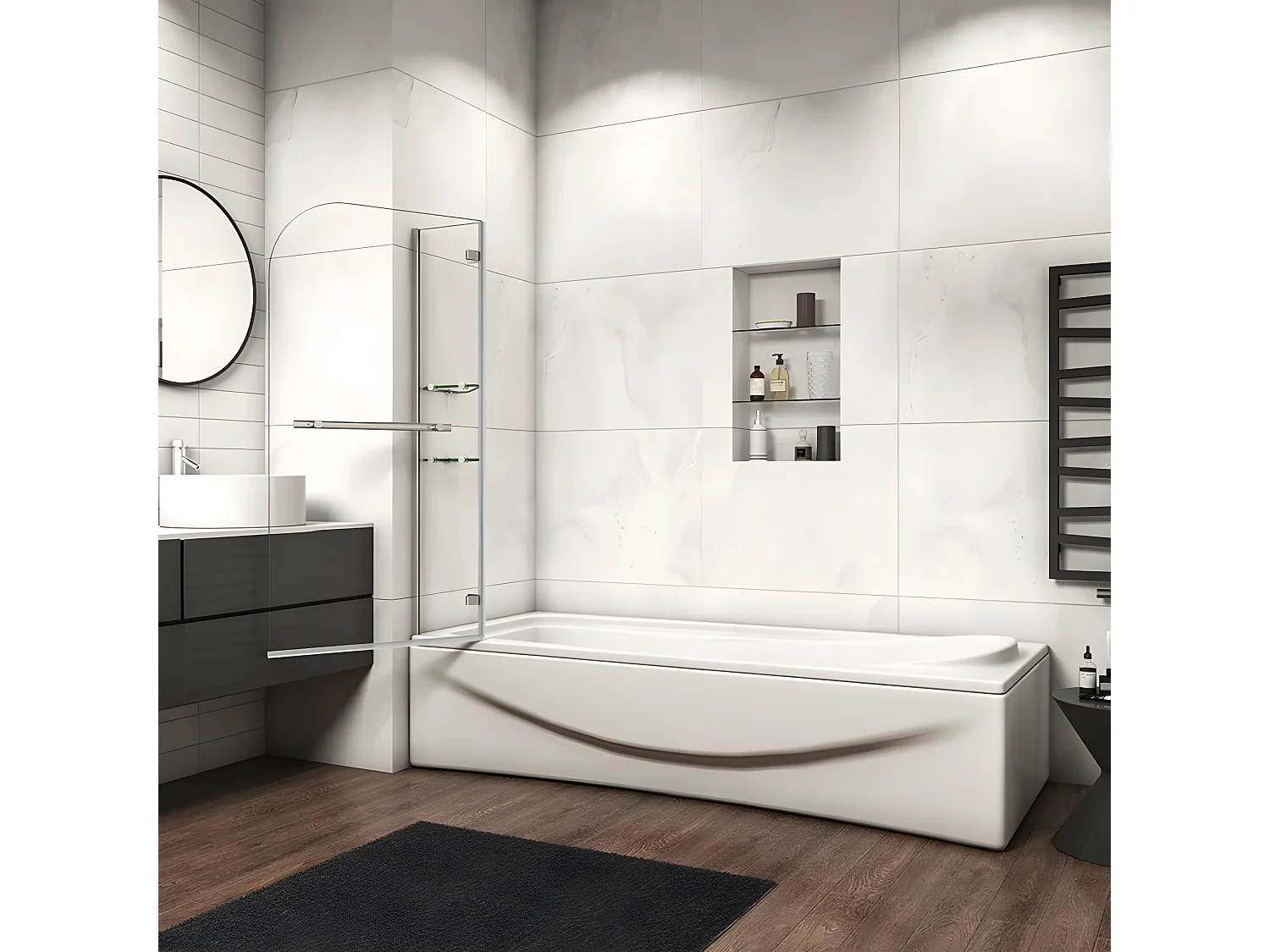 Mampara de bañera-cristal templado 5mm con 2 repisas y un toallero 400mm-(895-900)x1400mm