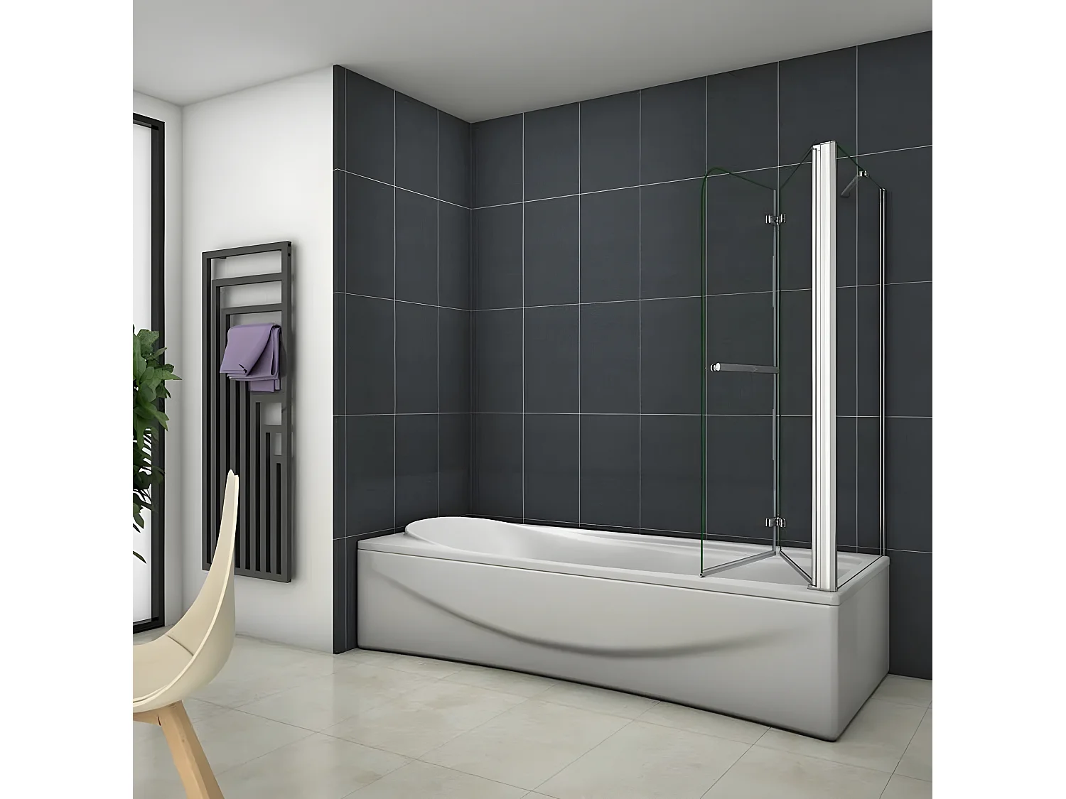 Mampara de bañera abatible 2 hojas con un panel fijo cristal antical 6mm con un toallero 300mm (993-1013)x(678-698)x1400mm