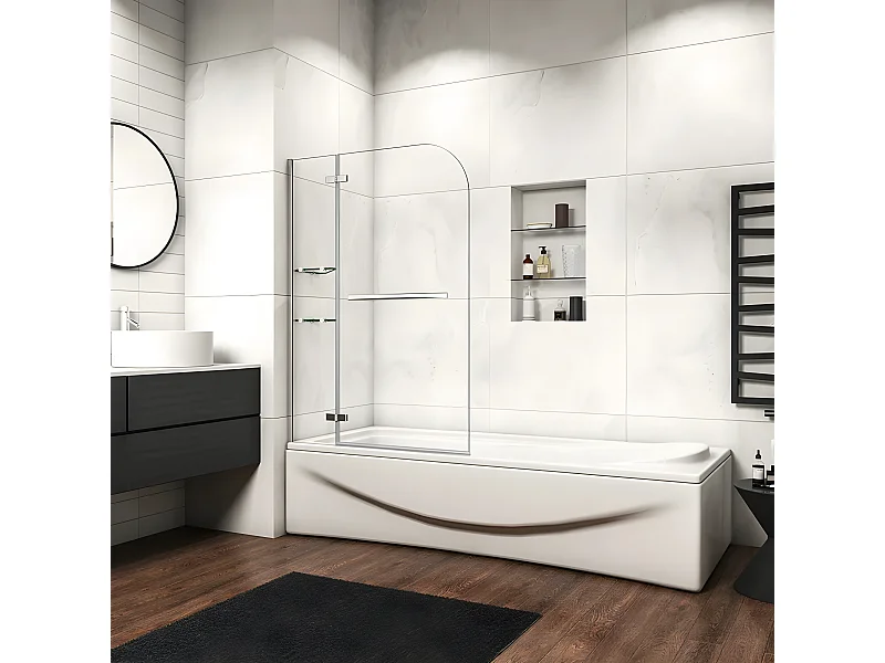 Mampara de bañera-cristal templado 5mm con 2 repisas y un toallero 400mm-(995-1000)x1400mm