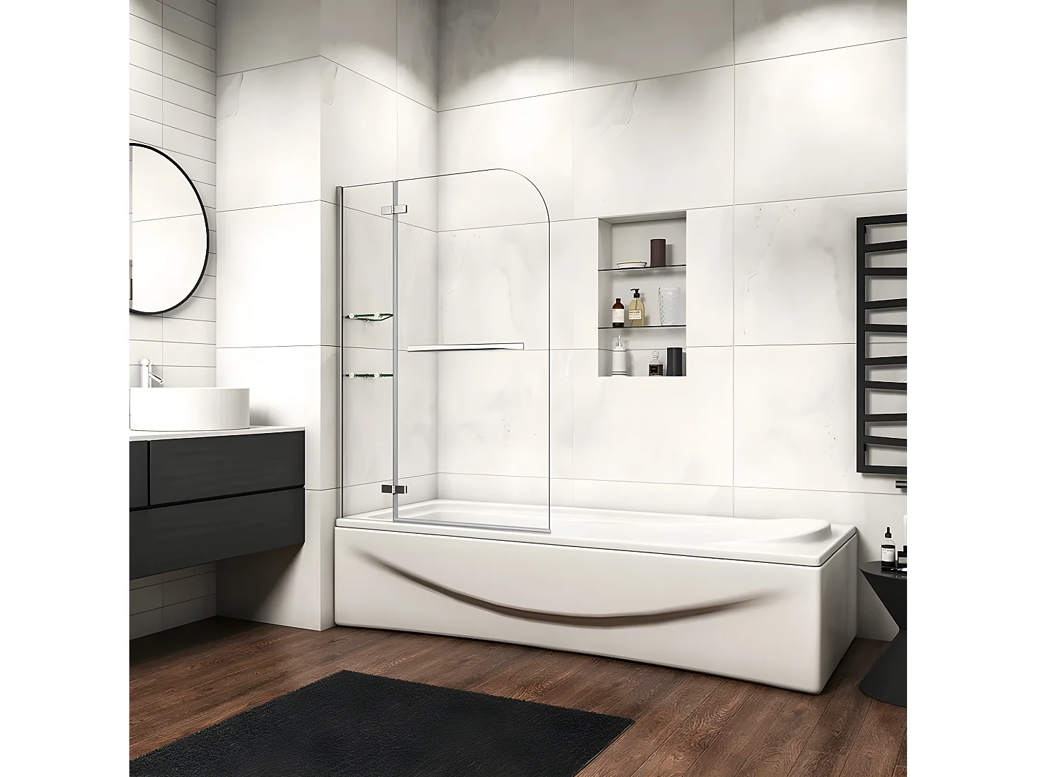 Mampara de bañera-cristal templado 5mm con 2 repisas y un toallero 400mm-(995-1000)x1400mm