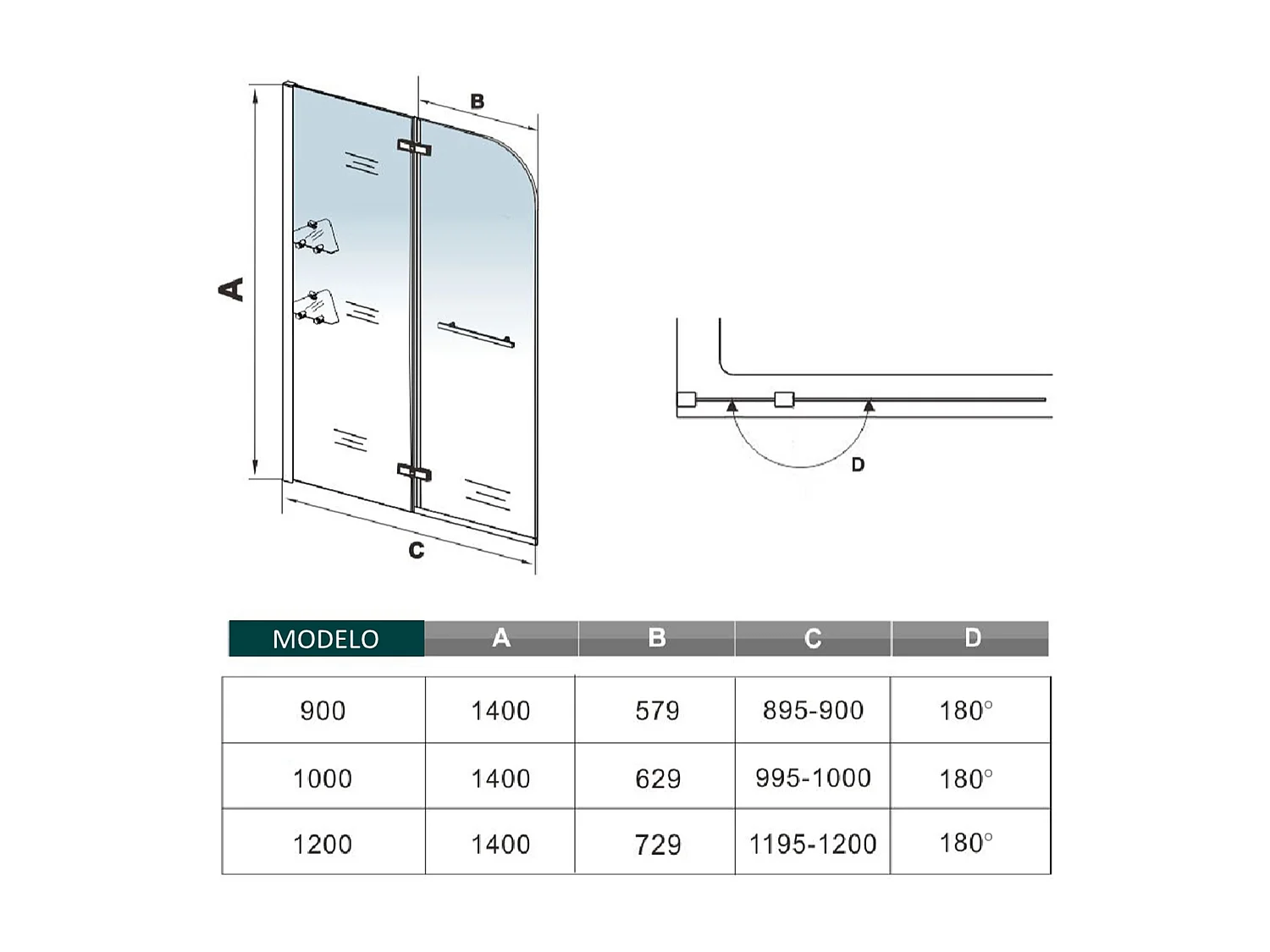 Mampara de bañera-cristal templado 5mm con 2 repisas y un toallero 400mm-(995-1000)x1400mm