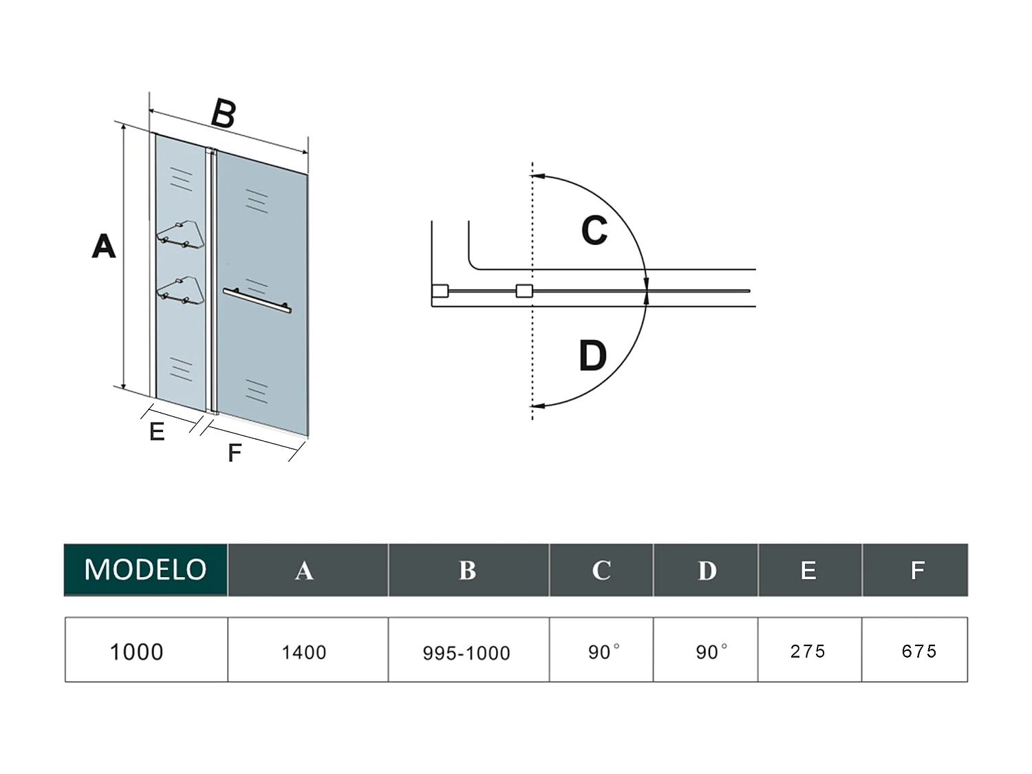 Painel de Banheira Dobrável Vidro Temperado 6 mm Retangular com 2 Prateleiras e Toalheiro Tamanho: (995-1000)x1400mm